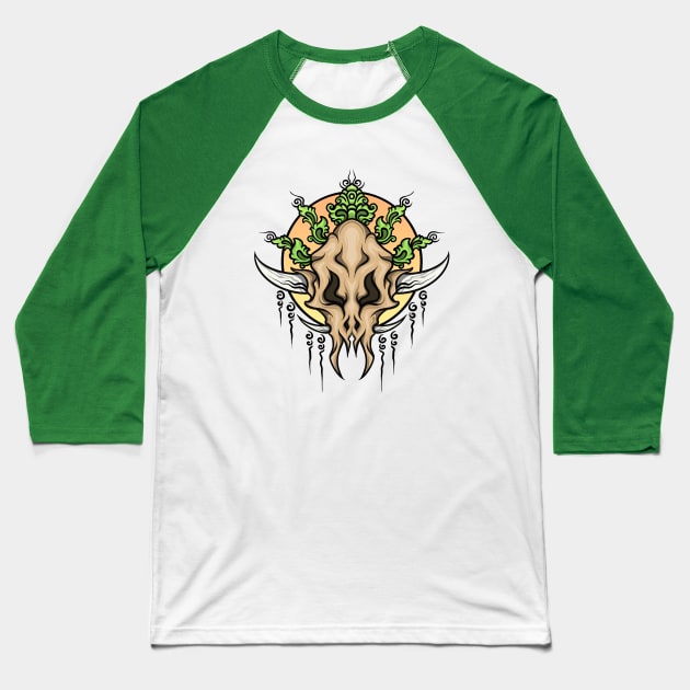 Skull Head with Colored Balinese Carving Style Baseball T-Shirt by HAPcreative